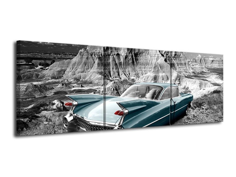 Glasschilderij Oldtimer, Auto | Grijs, Groen, Blauw | 120x40cm 3Luik