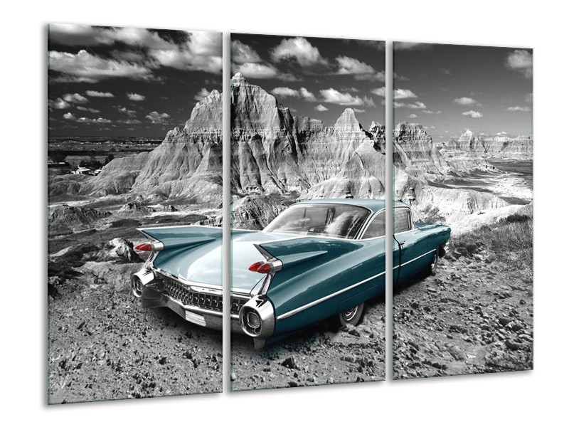 Canvas Schilderij Oldtimer, Auto | Grijs, Groen, Blauw | 120x80cm 3Luik