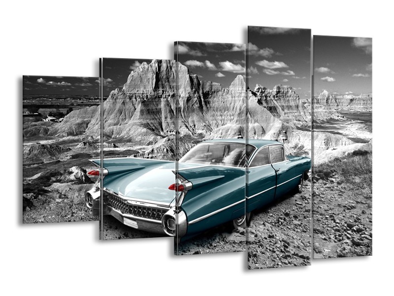 Canvas Schilderij Oldtimer, Auto | Grijs, Groen, Blauw | 150x100cm 5Luik