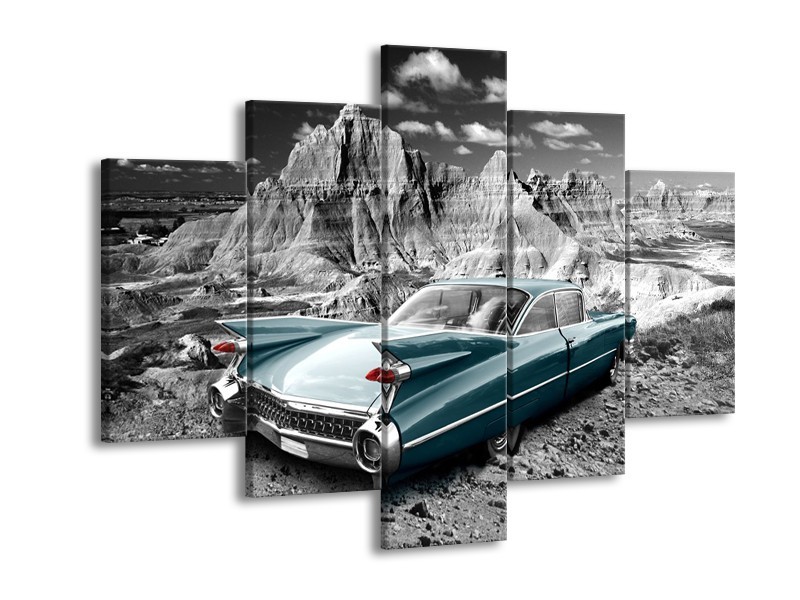 Canvas Schilderij Oldtimer, Auto | Grijs, Groen, Blauw | 150x105cm 5Luik