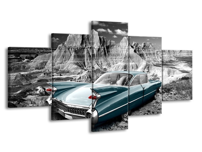 Glasschilderij Oldtimer, Auto | Grijs, Groen, Blauw | 150x80cm 5Luik