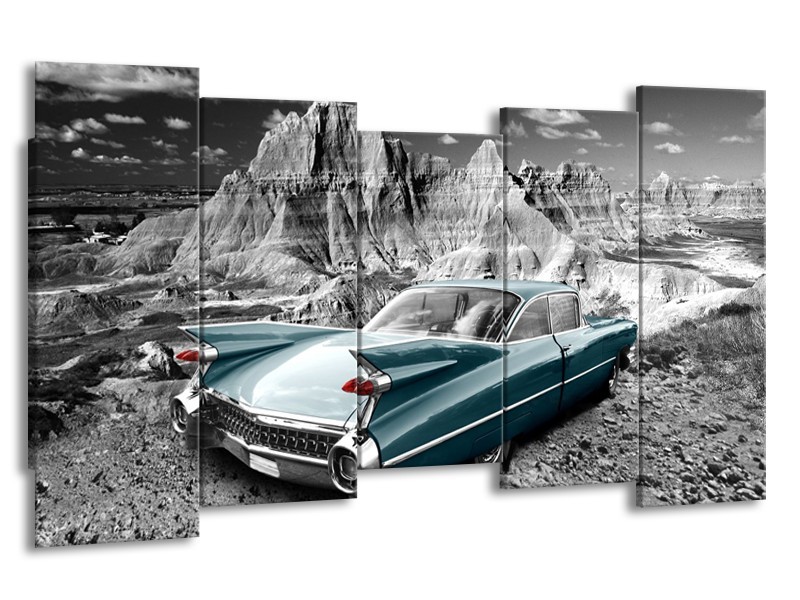 Glasschilderij Oldtimer, Auto | Grijs, Groen, Blauw | 150x80cm 5Luik