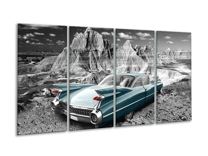 Canvas Schilderij Oldtimer, Auto | Grijs, Groen, Blauw | 160x80cm 4Luik