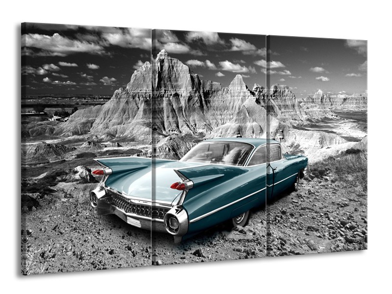 Canvas Schilderij Oldtimer, Auto | Grijs, Groen, Blauw | 165x100cm 3Luik