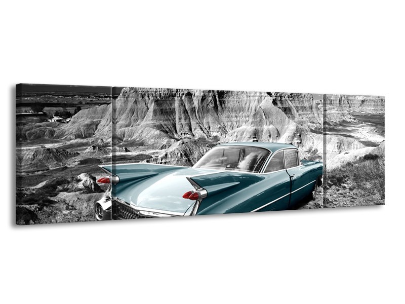 Canvas Schilderij Oldtimer, Auto | Grijs, Groen, Blauw | 170x50cm 3Luik