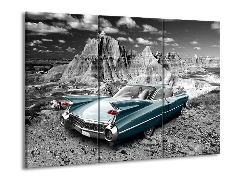 Glasschilderij Oldtimer, Auto | Grijs, Groen, Blauw | 60x90cm 3Luik