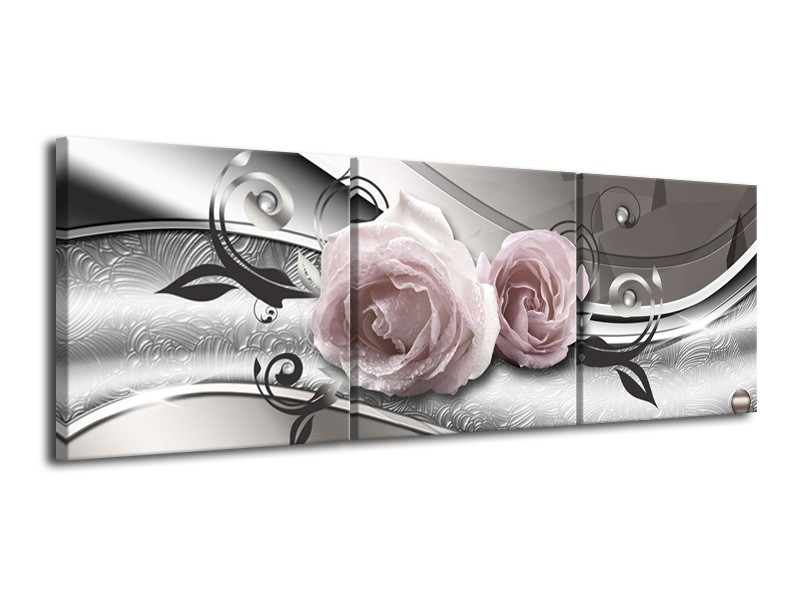 Canvas Schilderij Bloemen, Modern | Grijs, Roze | 120x40cm 3Luik