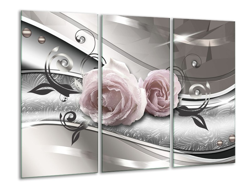 Glasschilderij Bloemen, Modern | Grijs, Roze | 120x80cm 3Luik