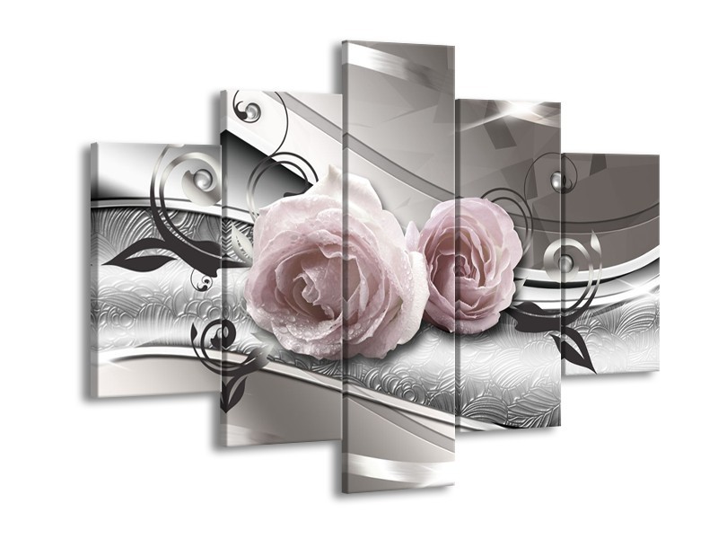 Glasschilderij Bloemen, Modern | Grijs, Roze | 150x105cm 5Luik
