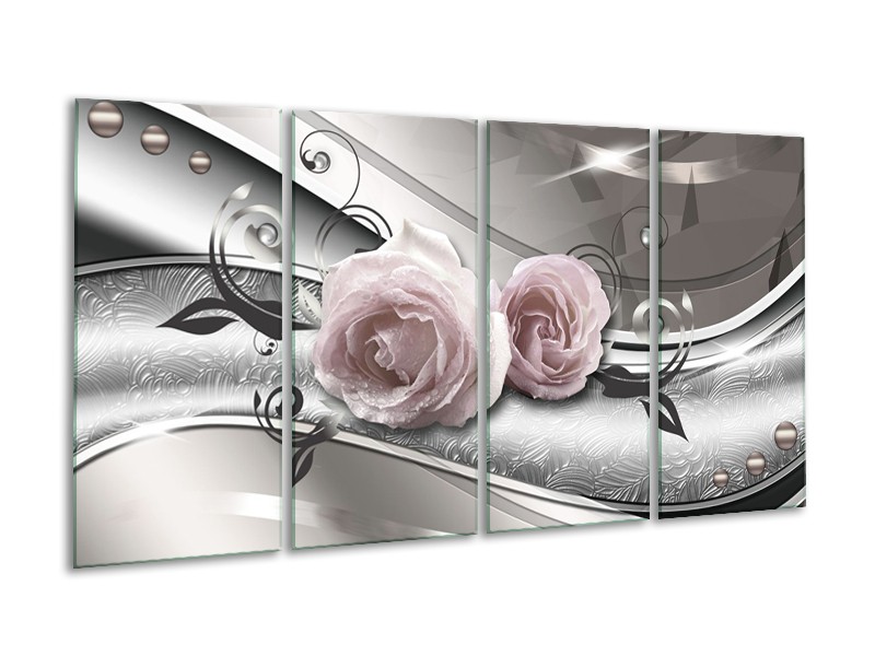 Glasschilderij Bloemen, Modern | Grijs, Roze | 160x80cm 4Luik