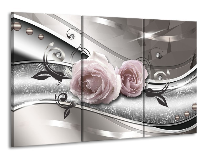 Glasschilderij Bloemen, Modern | Grijs, Roze | 165x100cm 3Luik