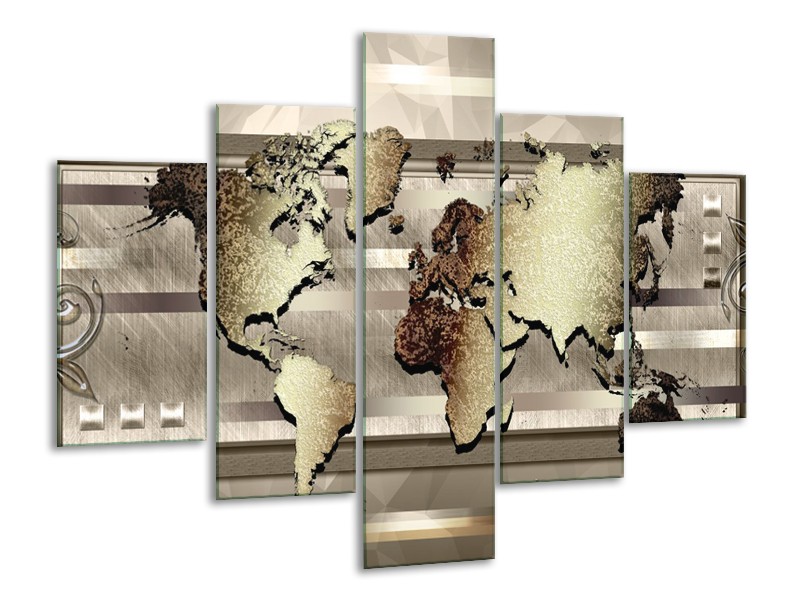 Glasschilderij Wereldkaart | Bruin, Goud | 100x70cm 5Luik