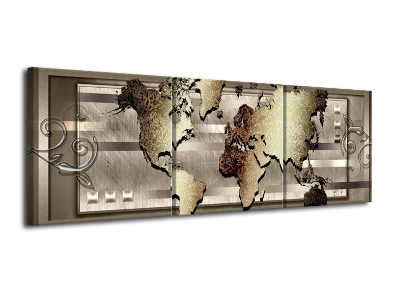 Glasschilderij Wereldkaart | Bruin, Goud | 120x40cm 3Luik