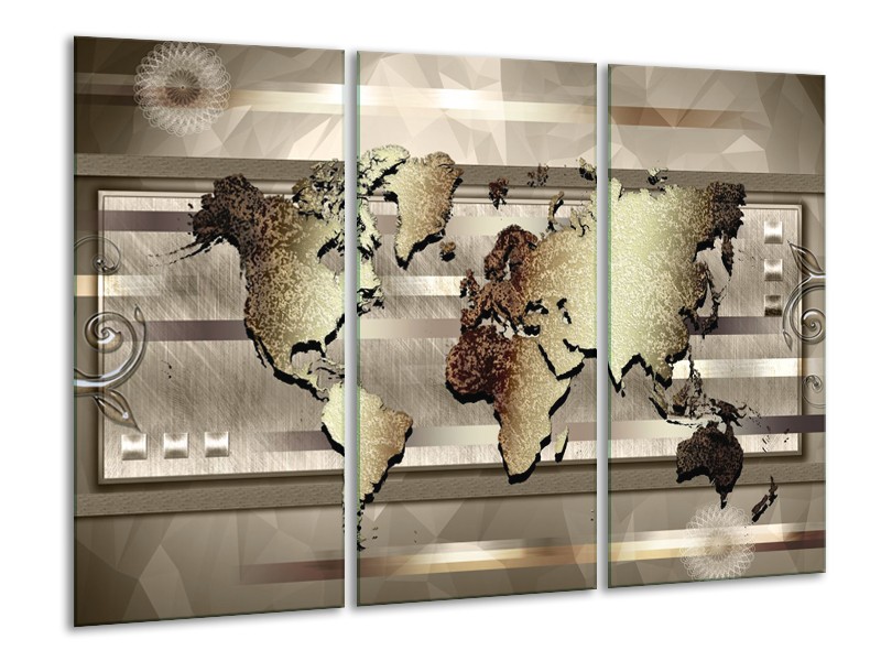 Glasschilderij Wereldkaart | Bruin, Goud | 120x80cm 3Luik