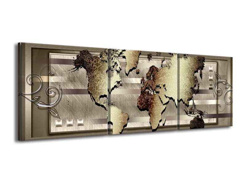Glasschilderij Wereldkaart | Bruin, Goud | 150x50cm 3Luik