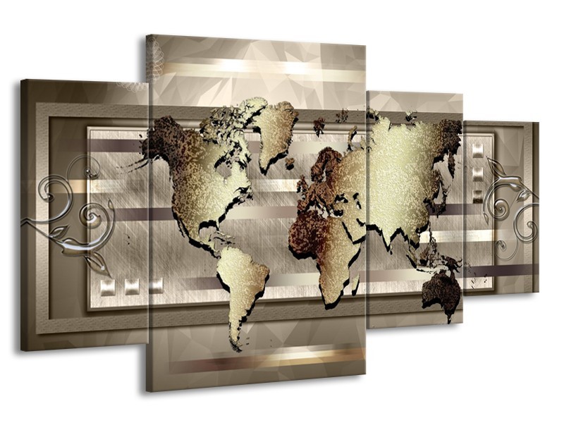 Glasschilderij Wereldkaart | Bruin, Goud | 160x90cm 4Luik