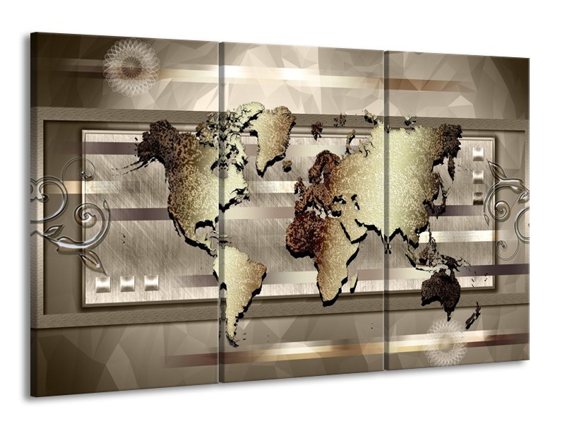 Glasschilderij Wereldkaart | Bruin, Goud | 165x100cm 3Luik