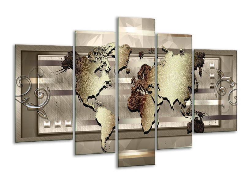 Glasschilderij Wereldkaart | Bruin, Goud | 170x100cm 5Luik