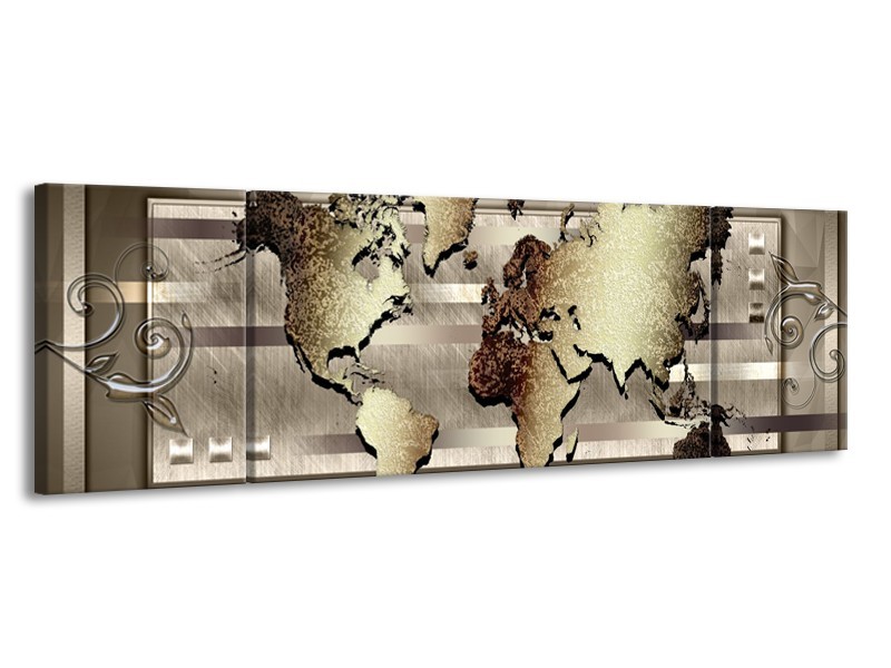 Glasschilderij Wereldkaart | Bruin, Goud | 170x50cm 3Luik
