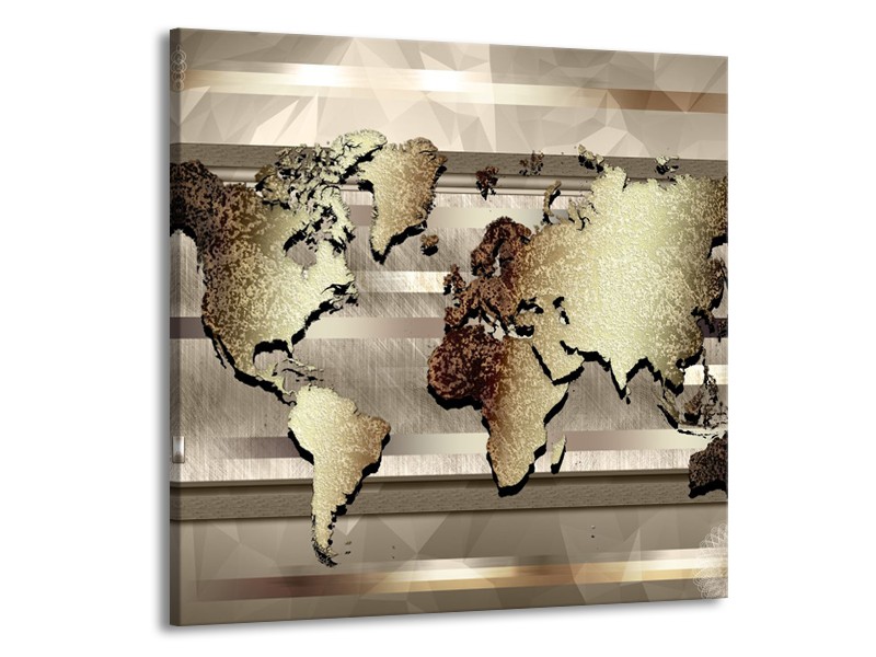Canvas Schilderij Wereldkaart | Bruin, Goud | 50x50cm 1Luik