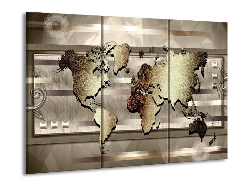 Glasschilderij Wereldkaart | Bruin, Goud | 60x90cm 3Luik