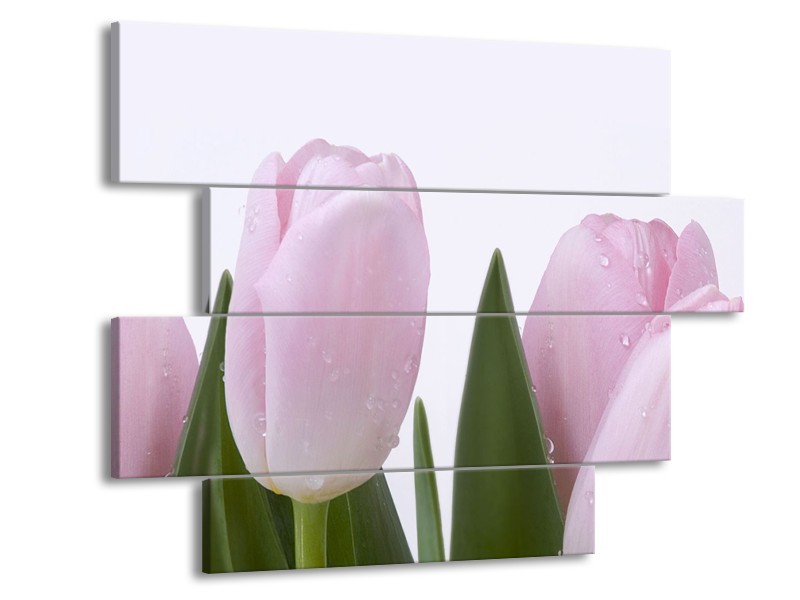 Canvas Schilderij Tulpen, Bloemen | Roze, Wit | 115x85cm 4Luik