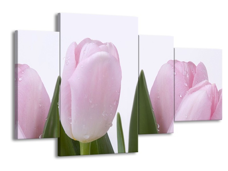 Canvas Schilderij Tulpen, Bloemen | Roze, Wit | 120x75cm 4Luik