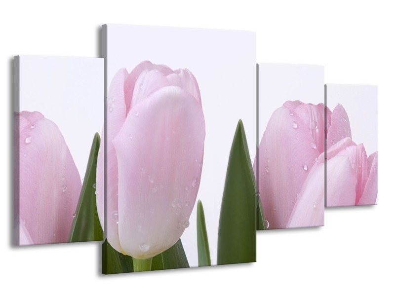 Canvas Schilderij Tulpen, Bloemen | Roze, Wit | 160x90cm 4Luik