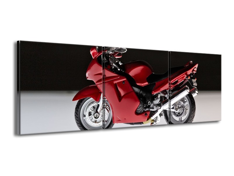 Canvas Schilderij Motor | Zwart, Wit, Rood | 150x50cm 3Luik