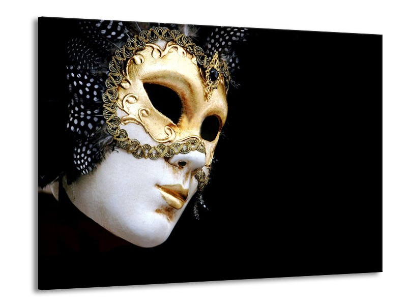 Canvas Schilderij Masker, Modern | Zwart, Wit, Goud | 100x70cm 1Luik