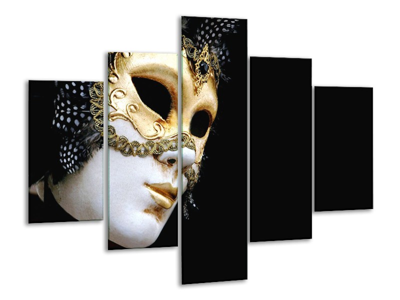 Canvas Schilderij Masker, Modern | Zwart, Wit, Goud | 100x70cm 5Luik