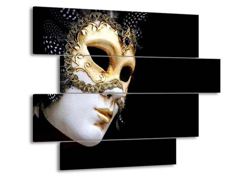 Canvas Schilderij Masker, Modern | Zwart, Wit, Goud | 115x85cm 4Luik