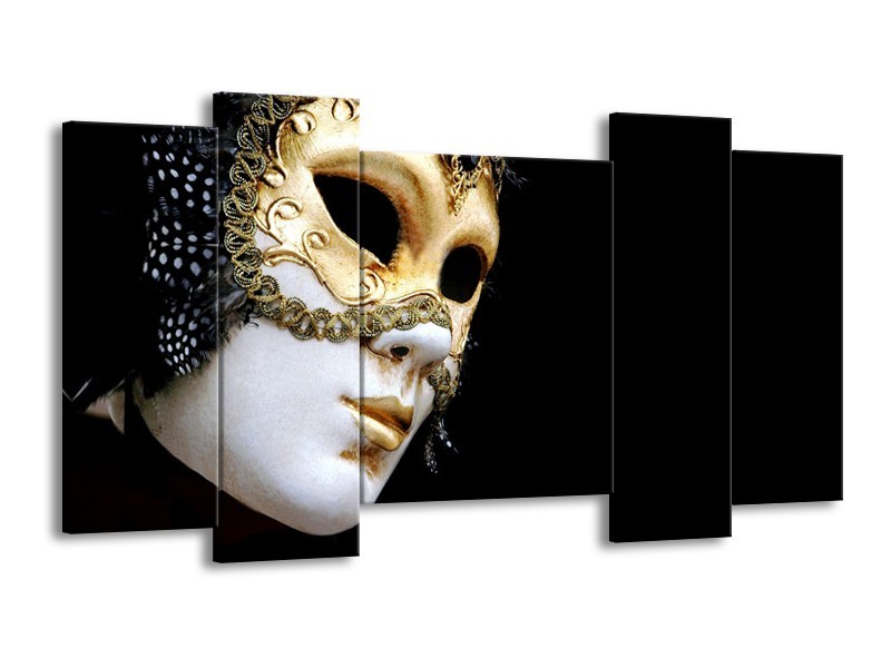 Canvas Schilderij Masker, Modern | Zwart, Wit, Goud | 120x65cm 5Luik