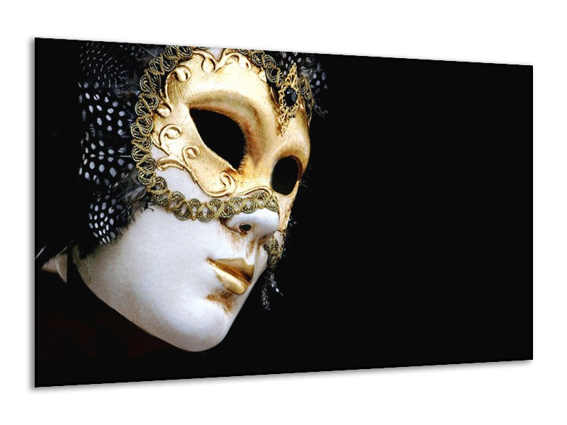 Glasschilderij Masker, Modern | Zwart, Wit, Goud | 120x70cm 1Luik