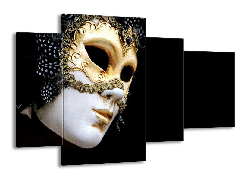 Canvas Schilderij Masker, Modern | Zwart, Wit, Goud | 120x75cm 4Luik