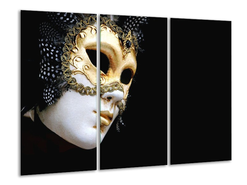Glasschilderij Masker, Modern | Zwart, Wit, Goud | 120x80cm 3Luik