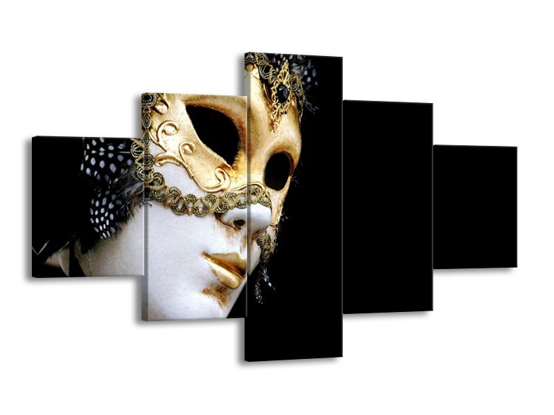 Canvas Schilderij Masker, Modern | Zwart, Wit, Goud | 125x70cm 5Luik