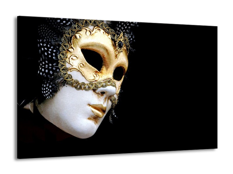 Glasschilderij Masker, Modern | Zwart, Wit, Goud | 140x90cm 1Luik