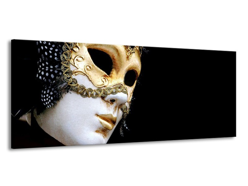 Glasschilderij Masker, Modern | Zwart, Wit, Goud | 145x58cm 1Luik
