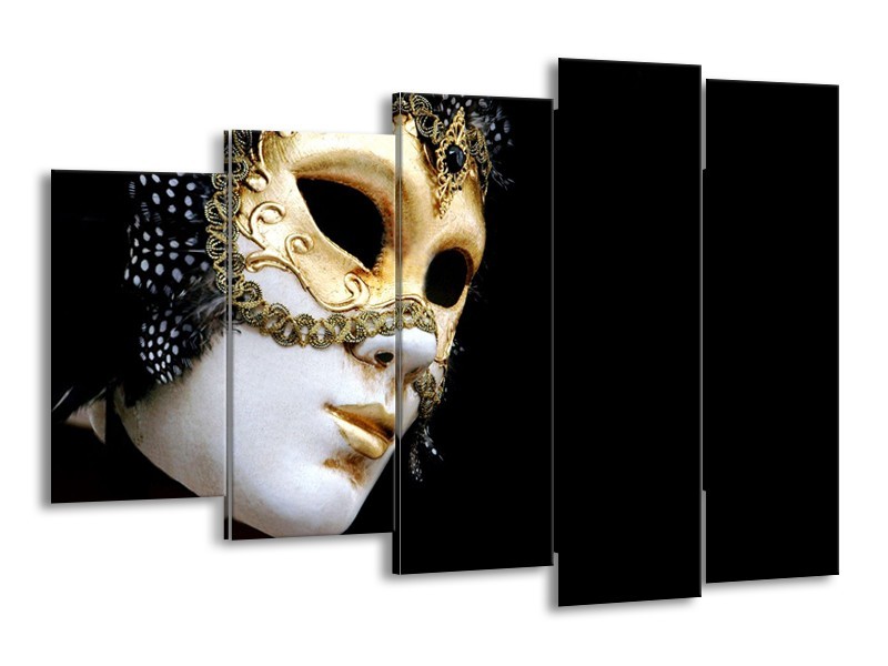 Glasschilderij Masker, Modern | Zwart, Wit, Goud | 150x100cm 5Luik