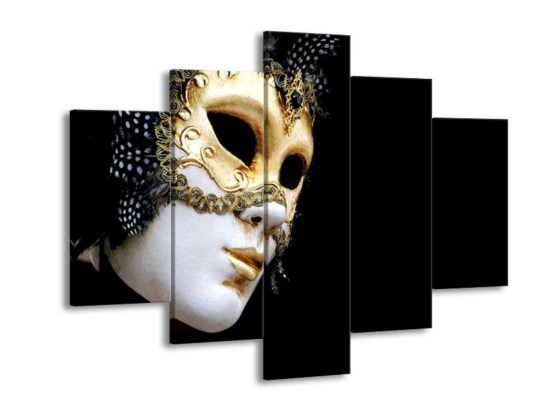 Canvas Schilderij Masker, Modern | Zwart, Wit, Goud | 150x105cm 5Luik