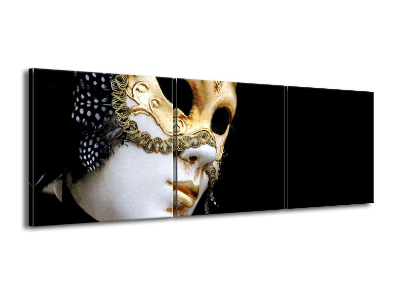Glasschilderij Masker, Modern | Zwart, Wit, Goud | 150x50cm 3Luik