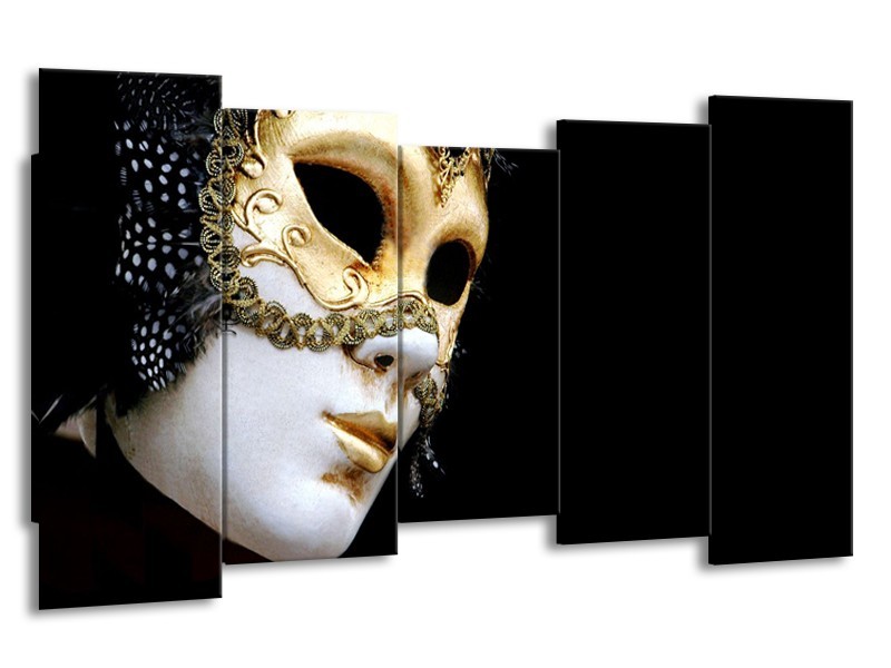 Canvas Schilderij Masker, Modern | Zwart, Wit, Goud | 150x80cm 5Luik