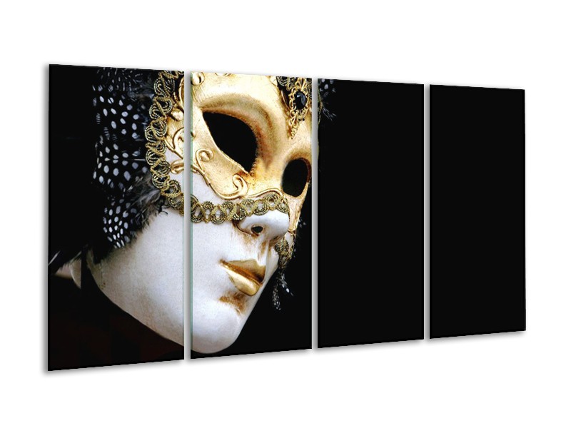 Canvas Schilderij Masker, Modern | Zwart, Wit, Goud | 160x80cm 4Luik