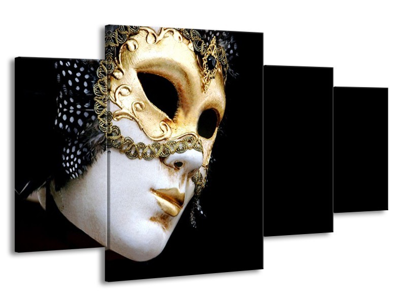 Canvas Schilderij Masker, Modern | Zwart, Wit, Goud | 160x90cm 4Luik