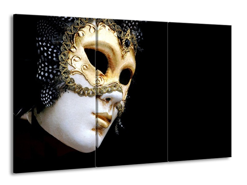 Glasschilderij Masker, Modern | Zwart, Wit, Goud | 165x100cm 3Luik