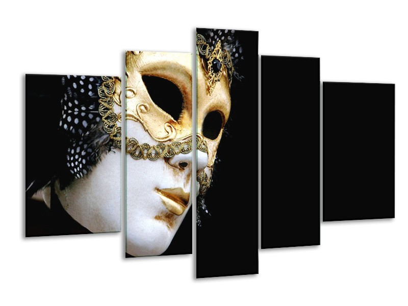 Canvas Schilderij Masker, Modern | Zwart, Wit, Goud | 170x100cm 5Luik