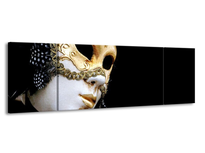 Glasschilderij Masker, Modern | Zwart, Wit, Goud | 170x50cm 3Luik