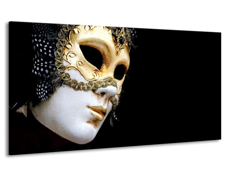 Canvas Schilderij Masker, Modern | Zwart, Wit, Goud | 170x90cm 1Luik