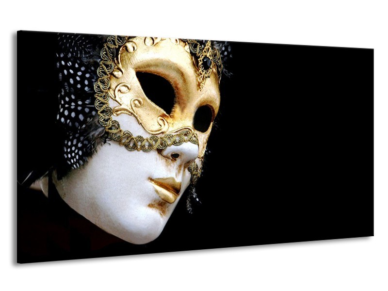 Canvas Schilderij Masker, Modern | Zwart, Wit, Goud | 190x100cm 1Luik